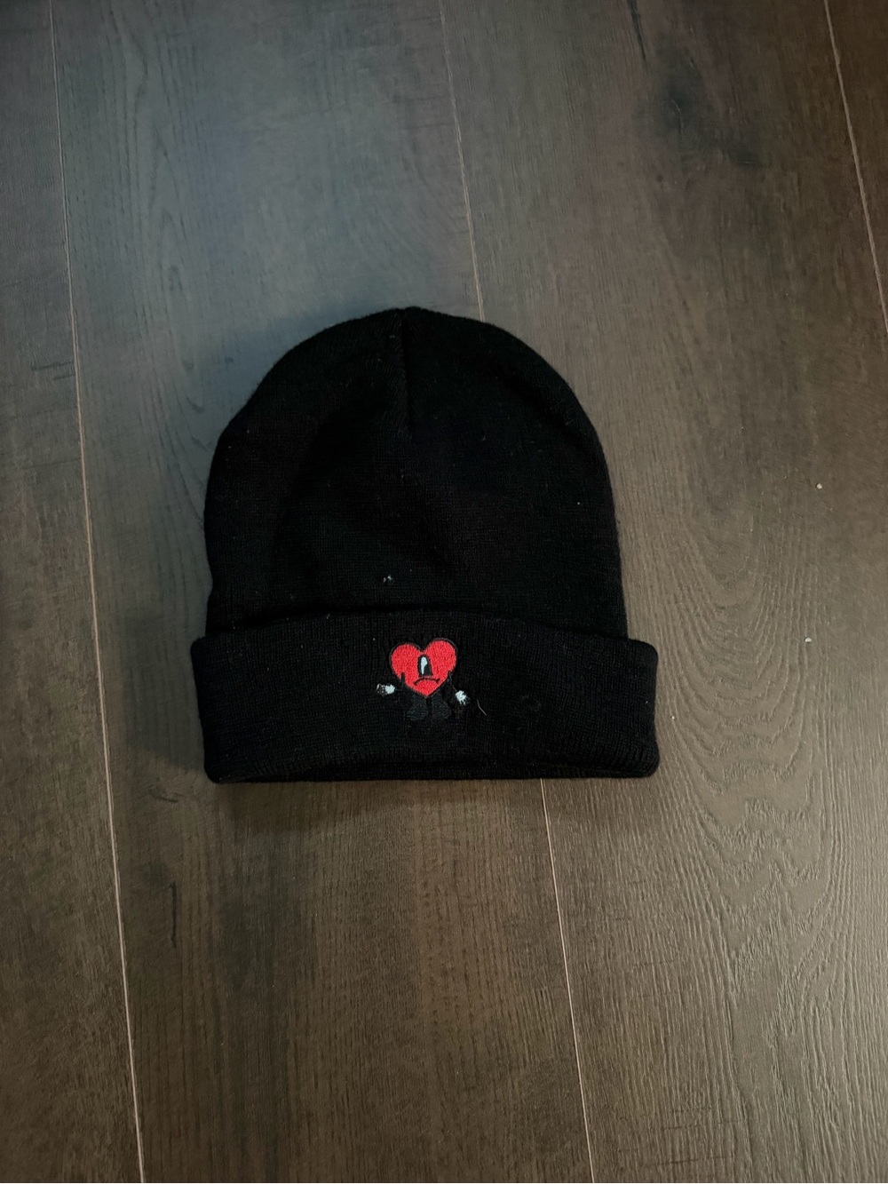 Black Bad Bunny Beanie Hat with Red Heart Embroidery